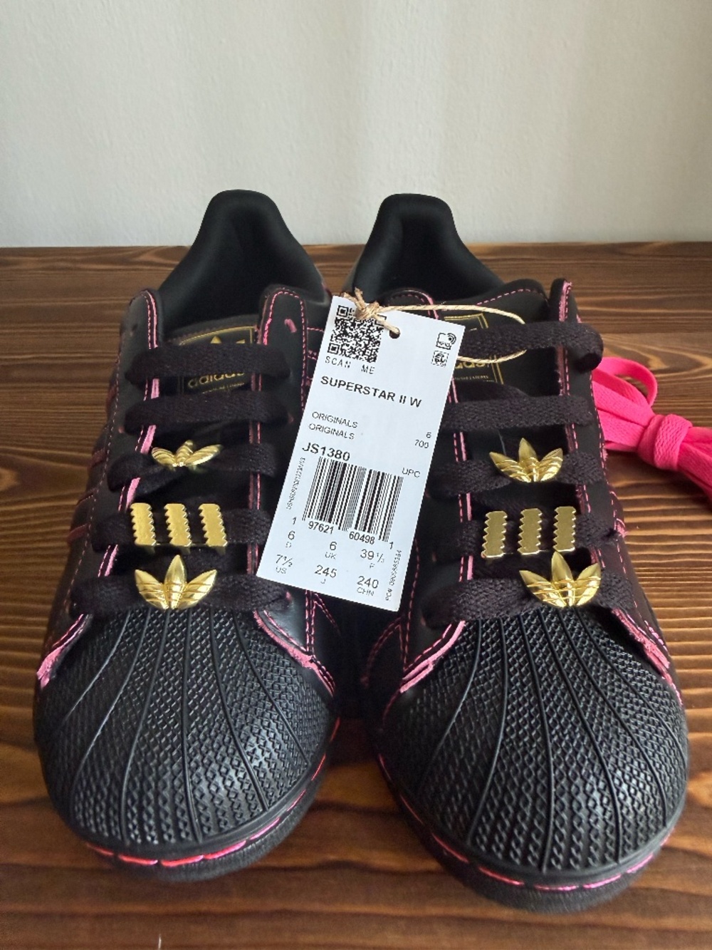 Adidas Superstar II W Black Pink Gold Logo Lace Beaded JS1380 Women's 7.5